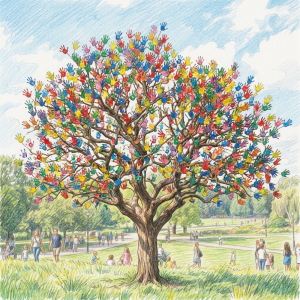 Tree covered with colorful handprints in a sunny public park